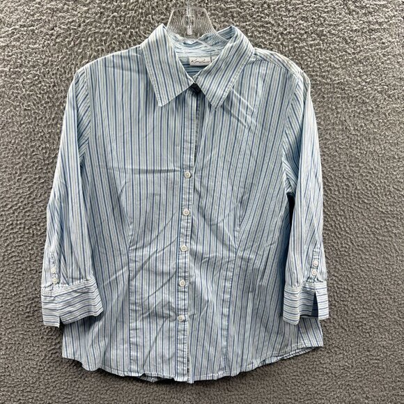 Kim Rogers Women Top Large Blue‎ Striped Button Front 3/4 Sleeve Shirt Stretch - Picture 1 of 8